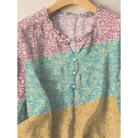 Women Ditsy Floral Print Patchwork Frill Neck Split Hem Blouse Women Ditsy Floral Print Patchwork Frill Neck Split Hem Blouse