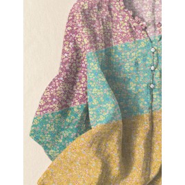Women Ditsy Floral Print Patchwork Frill Neck Split Hem Blouse Women Ditsy Floral Print Patchwork Frill Neck Split Hem Blouse