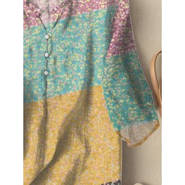 Women Ditsy Floral Print Patchwork Frill Neck Split Hem Blouse Women Ditsy Floral Print Patchwork Frill Neck Split Hem Blouse