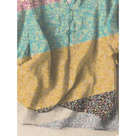 Women Ditsy Floral Print Patchwork Frill Neck Split Hem Blouse Women Ditsy Floral Print Patchwork Frill Neck Split Hem Blouse