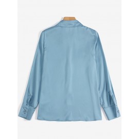 Women Satin Lapel Flap Pocket Solid Long Sleeve Shirt