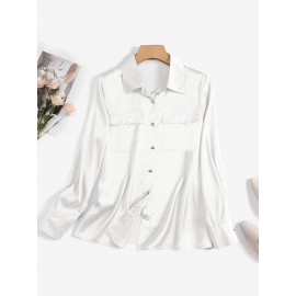 Women Satin Lapel Flap Pocket Solid Long Sleeve Shirt