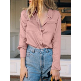 Women Satin Lapel Flap Pocket Solid Long Sleeve Shirt