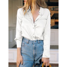Women Satin Lapel Flap Pocket Solid Long Sleeve Shirt