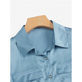 Women Satin Lapel Flap Pocket Solid Long Sleeve Shirt