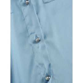 Women Satin Lapel Flap Pocket Solid Long Sleeve Shirt