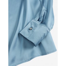 Women Satin Lapel Flap Pocket Solid Long Sleeve Shirt