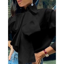Women Solid Bowknot Button Front Casual Long Sleeve Shirt Women Solid Bowknot Button Front Casual Long Sleeve Shirt