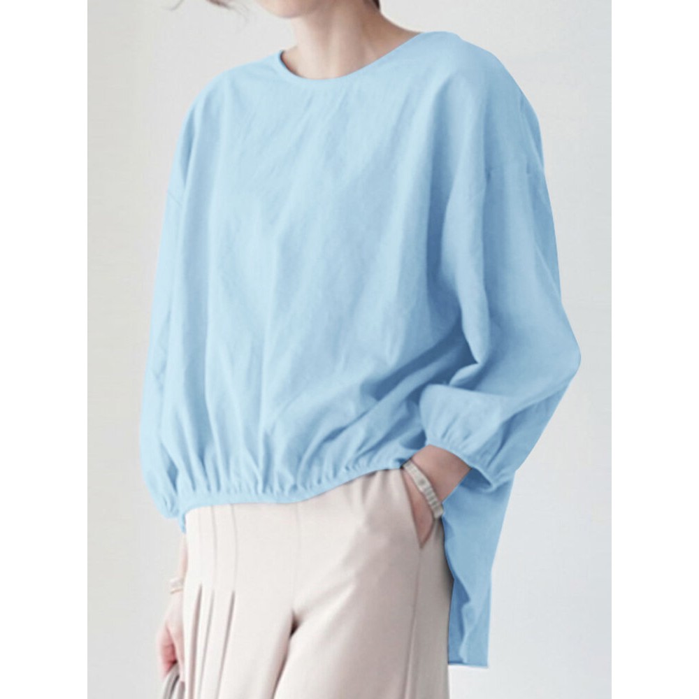 Women Solid Crew Neck High-Low Hem Cotton Blouse Women Solid Crew Neck High-Low Hem Cotton Blouse