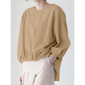 Women Solid Crew Neck High-Low Hem Cotton Blouse Women Solid Crew Neck High-Low Hem Cotton Blouse