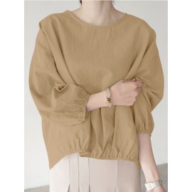 Women Solid Crew Neck High-Low Hem Cotton Blouse Women Solid Crew Neck High-Low Hem Cotton Blouse