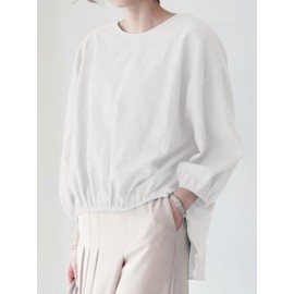 Women Solid Crew Neck High-Low Hem Cotton Blouse Women Solid Crew Neck High-Low Hem Cotton Blouse