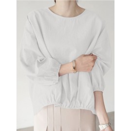 Women Solid Crew Neck High-Low Hem Cotton Blouse Women Solid Crew Neck High-Low Hem Cotton Blouse