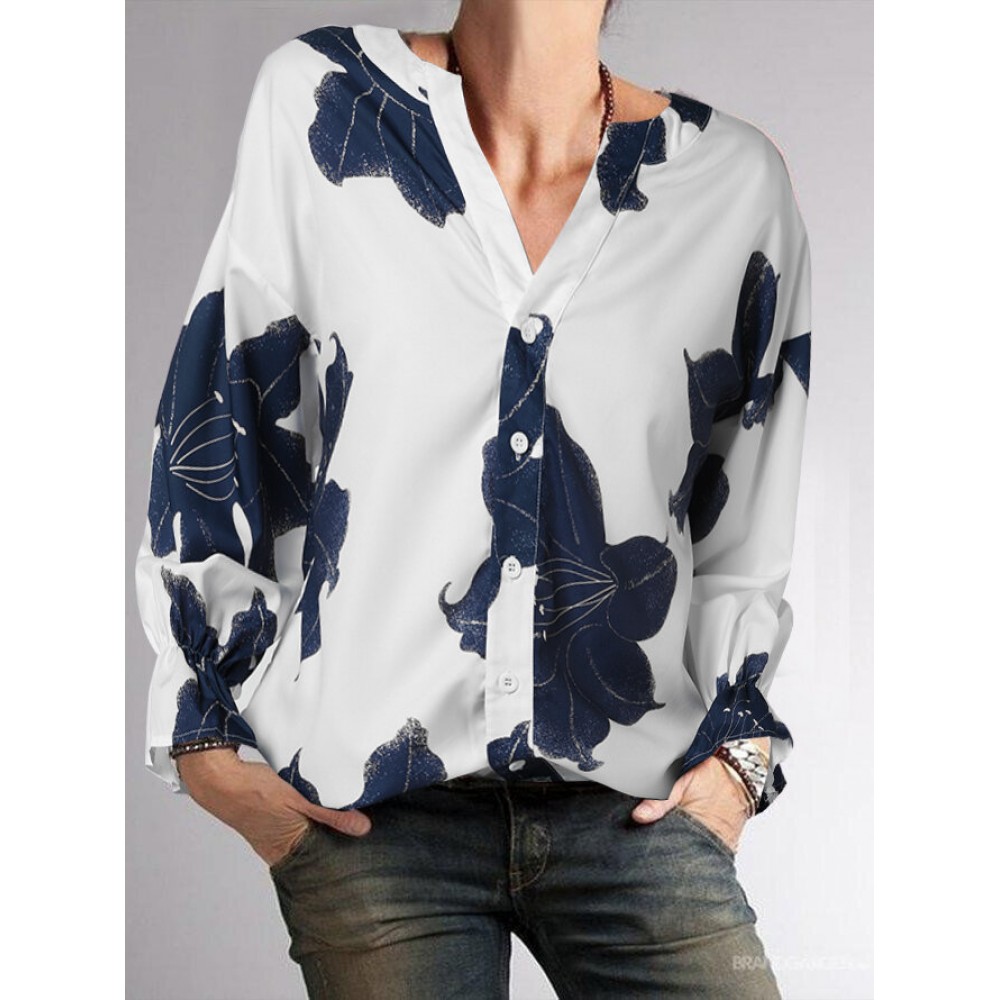 Women Floral Print V-Neck Button Front 3/4 Sleeve Shirt Women Floral Print V-Neck Button Front 3/4 Sleeve Shirt