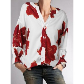 Women Floral Print V-Neck Button Front 3/4 Sleeve Shirt Women Floral Print V-Neck Button Front 3/4 Sleeve Shirt