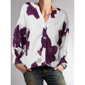 Women Floral Print V-Neck Button Front 3/4 Sleeve Shirt Women Floral Print V-Neck Button Front 3/4 Sleeve Shirt