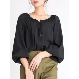 Women Plain Half Button Casual Long Sleeve Blouse Women Plain Half Button Casual Long Sleeve Blouse