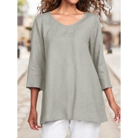 Women Plain Crew Neck Cotton Casual 3/4 Sleeve Blouse Women Plain Crew Neck Cotton Casual 3/4 Sleeve Blouse