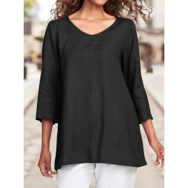 Women Plain Crew Neck Cotton Casual 3/4 Sleeve Blouse Women Plain Crew Neck Cotton Casual 3/4 Sleeve Blouse