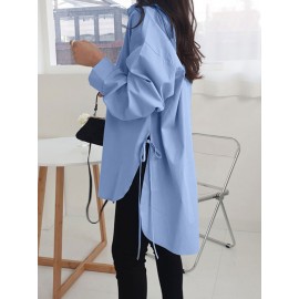 Solid Color Long Sleeve Side Slit Lace-up Irregular Shirt For Women Solid Color Long Sleeve Side Slit Lace-up Irregular Shirt For Women
