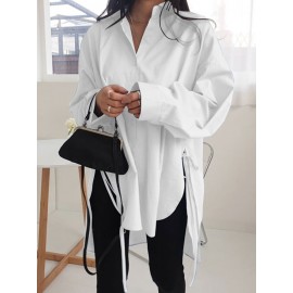 Solid Color Long Sleeve Side Slit Lace-up Irregular Shirt For Women Solid Color Long Sleeve Side Slit Lace-up Irregular Shirt For Women