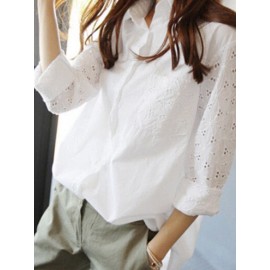 Women Lace Patchwork Lapel Button Front Long Sleeve Shirt Women Lace Patchwork Lapel Button Front Long Sleeve Shirt
