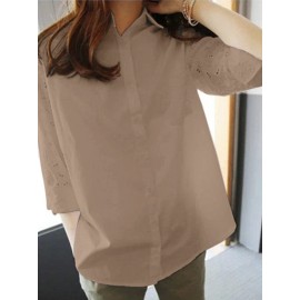 Women Lace Patchwork Lapel Button Front Long Sleeve Shirt Women Lace Patchwork Lapel Button Front Long Sleeve Shirt