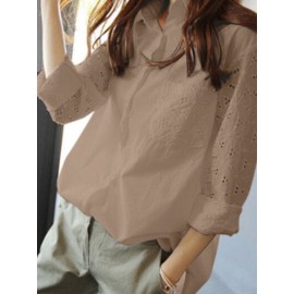 Women Lace Patchwork Lapel Button Front Long Sleeve Shirt Women Lace Patchwork Lapel Button Front Long Sleeve Shirt