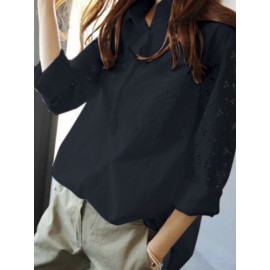 Women Lace Patchwork Lapel Button Front Long Sleeve Shirt Women Lace Patchwork Lapel Button Front Long Sleeve Shirt