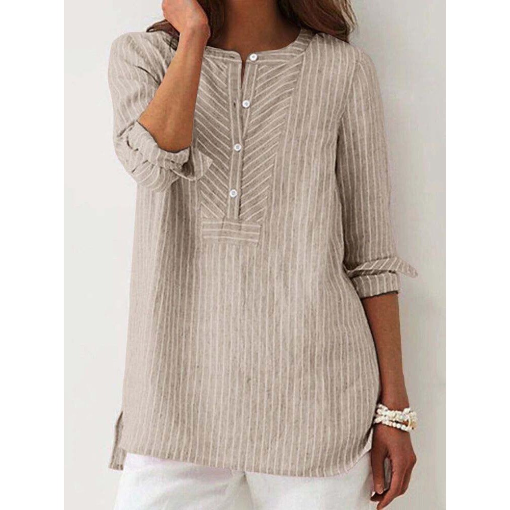 Women Striped Half Button High-Low Hem Cotton Blouse Women Striped Half Button High-Low Hem Cotton Blouse