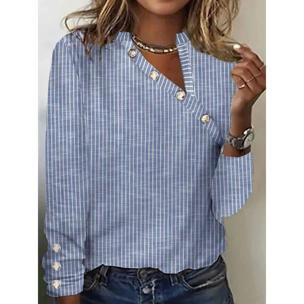Women Striped Button Design Cotton Long Sleeve Blouse Women Striped Button Design Cotton Long Sleeve Blouse