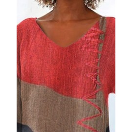 Women Color Block Print Patchwork V-Neck Cotton Irregular Hem Blouse Women Color Block Print Patchwork V-Neck Cotton Irregular Hem Blouse