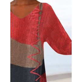 Women Color Block Print Patchwork V-Neck Cotton Irregular Hem Blouse Women Color Block Print Patchwork V-Neck Cotton Irregular Hem Blouse