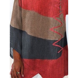 Women Color Block Print Patchwork V-Neck Cotton Irregular Hem Blouse Women Color Block Print Patchwork V-Neck Cotton Irregular Hem Blouse