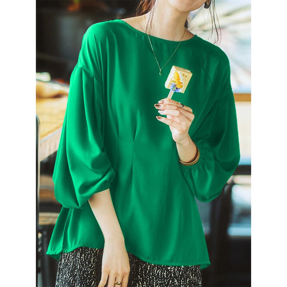 Women Solid Pleated Crew Neck Casual Long Sleeve Blouse Women Solid Pleated Crew Neck Casual Long Sleeve Blouse