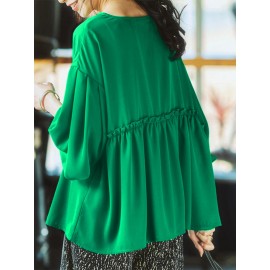 Women Solid Pleated Crew Neck Casual Long Sleeve Blouse Women Solid Pleated Crew Neck Casual Long Sleeve Blouse