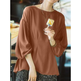 Women Solid Pleated Crew Neck Casual Long Sleeve Blouse Women Solid Pleated Crew Neck Casual Long Sleeve Blouse