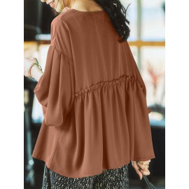 Women Solid Pleated Crew Neck Casual Long Sleeve Blouse Women Solid Pleated Crew Neck Casual Long Sleeve Blouse