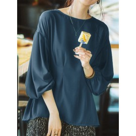 Women Solid Pleated Crew Neck Casual Long Sleeve Blouse Women Solid Pleated Crew Neck Casual Long Sleeve Blouse