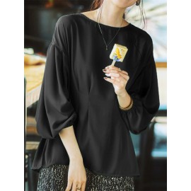 Women Solid Pleated Crew Neck Casual Long Sleeve Blouse Women Solid Pleated Crew Neck Casual Long Sleeve Blouse