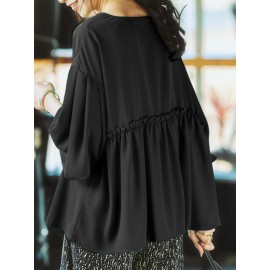 Women Solid Pleated Crew Neck Casual Long Sleeve Blouse Women Solid Pleated Crew Neck Casual Long Sleeve Blouse