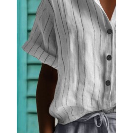 Women Striped Stand Collar Button Front Short Sleeve Shirt Women Striped Stand Collar Button Front Short Sleeve Shirt