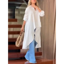 Women Solid Lapel High-Low Hem Long Sleeve Shirt Women Solid Lapel High-Low Hem Long Sleeve Shirt