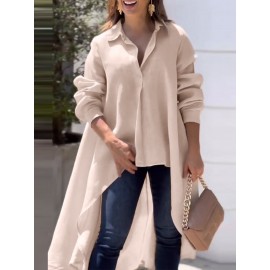 Women Solid Lapel High-Low Hem Long Sleeve Shirt Women Solid Lapel High-Low Hem Long Sleeve Shirt