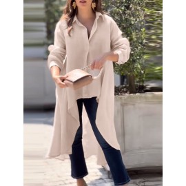Women Solid Lapel High-Low Hem Long Sleeve Shirt Women Solid Lapel High-Low Hem Long Sleeve Shirt