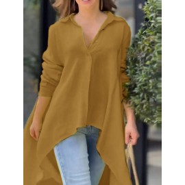 Women Solid Lapel High-Low Hem Long Sleeve Shirt Women Solid Lapel High-Low Hem Long Sleeve Shirt