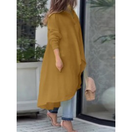 Women Solid Lapel High-Low Hem Long Sleeve Shirt Women Solid Lapel High-Low Hem Long Sleeve Shirt