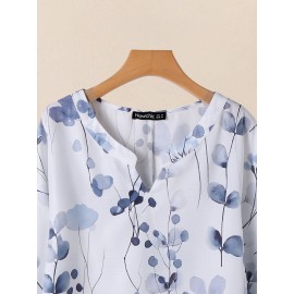Women Watercolor Floral Print Notched Neck Long Sleeve Blouse Women Watercolor Floral Print Notched Neck Long Sleeve Blouse