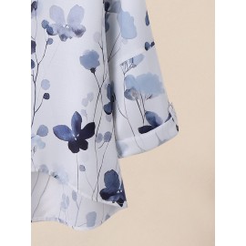 Women Watercolor Floral Print Notched Neck Long Sleeve Blouse Women Watercolor Floral Print Notched Neck Long Sleeve Blouse