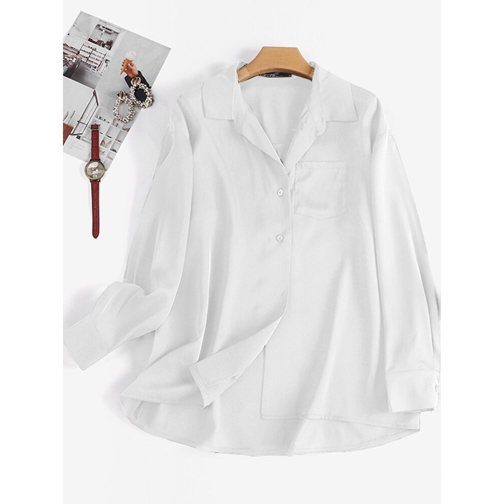 Women Solid Chest Pocket Button Up Long Sleeve Shirt Women Solid Chest Pocket Button Up Long Sleeve Shirt